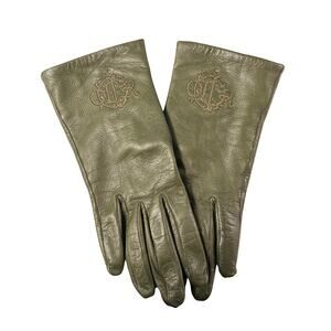 DIOR Vintage Olive Green Lambskin Leather Silk Lined Gloves Vintage Logo - 1960s